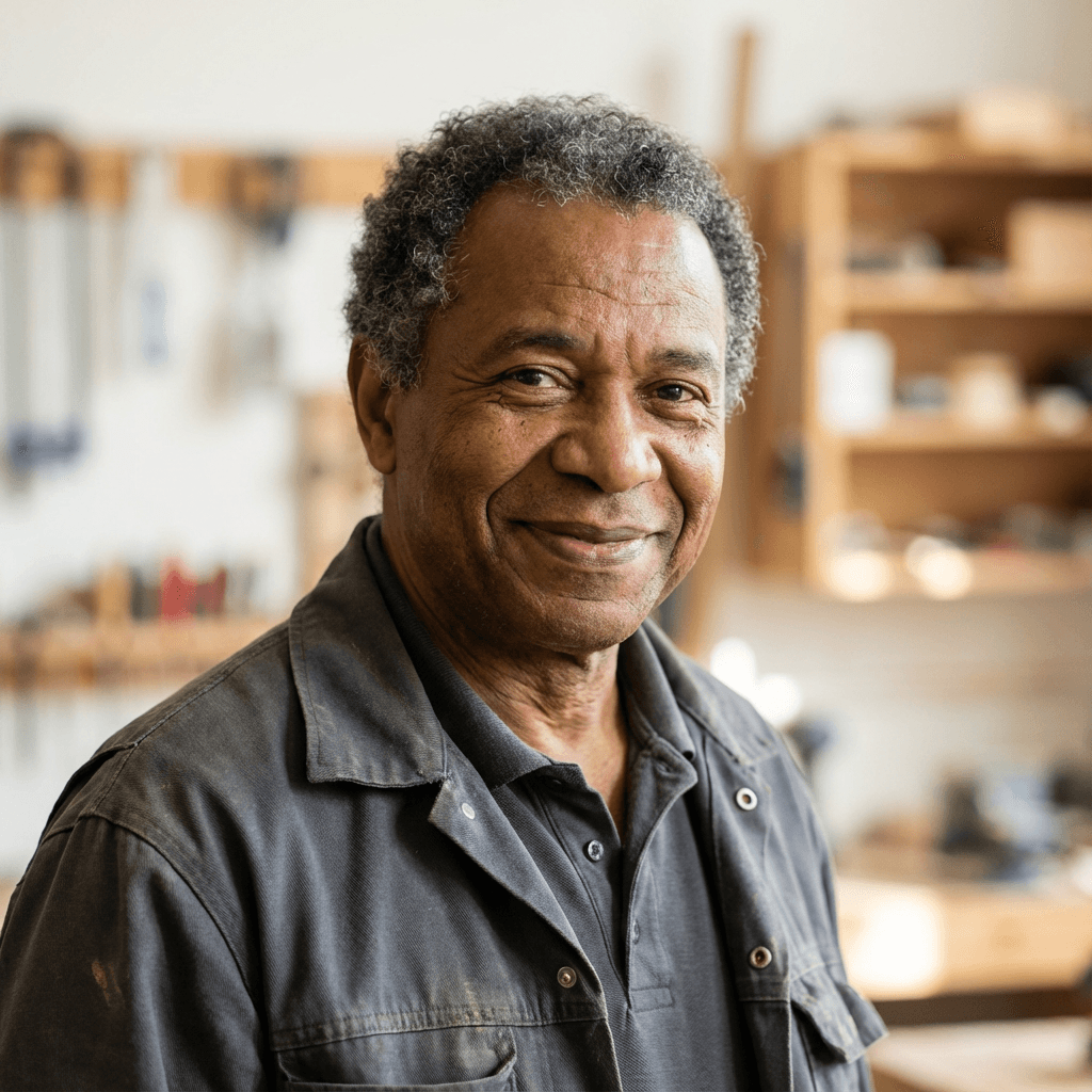 Mark Henderson with tools in his home workshop