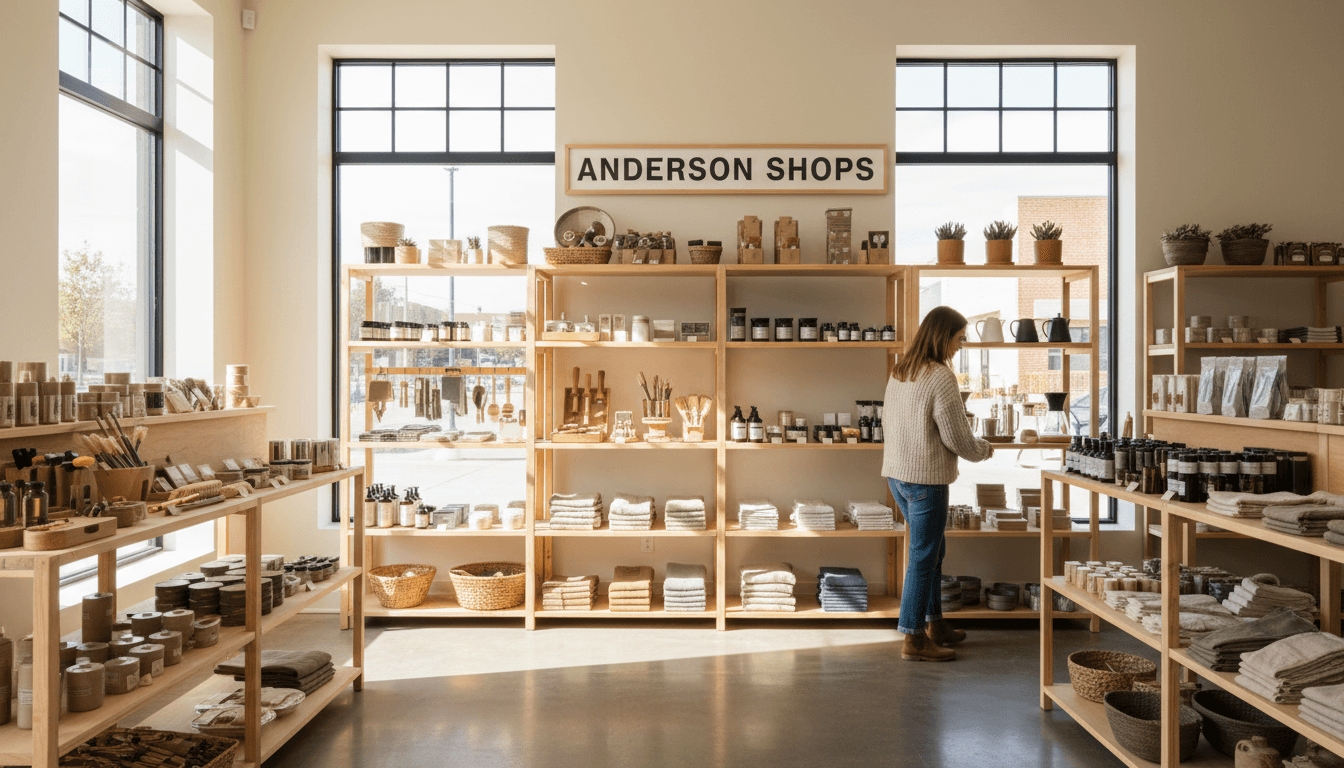 Anderson Shops product display with curated essentials and tools on wooden shelving