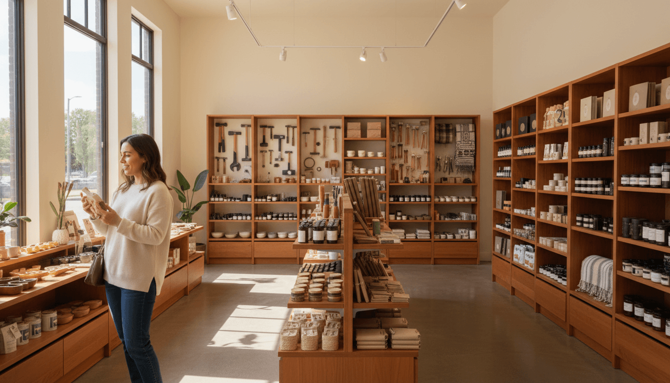 Organized retail store interior with customers shopping for tools and everyday essentials