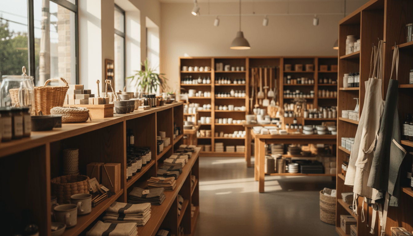 Warm retail store interior with organized product displays and natural lighting